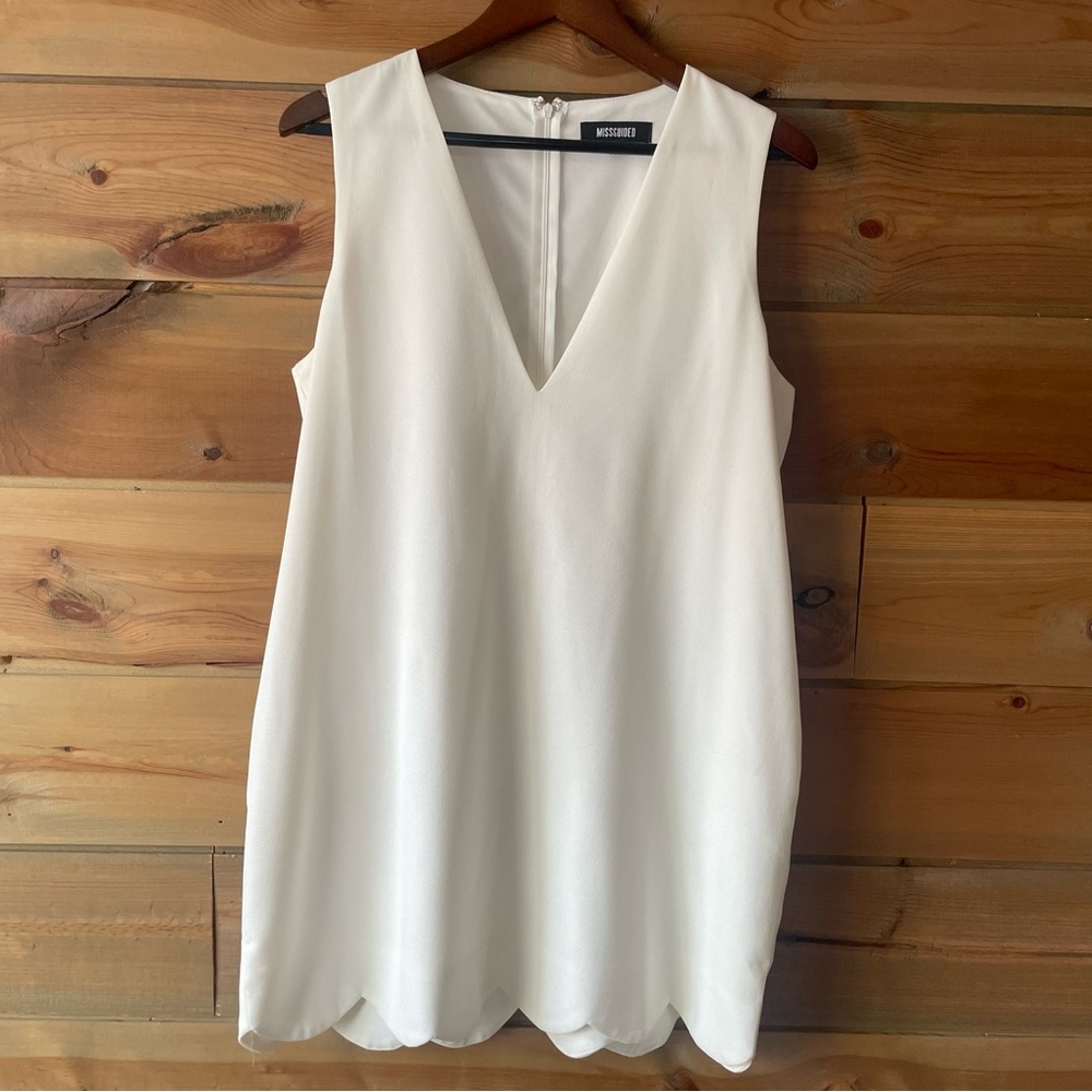 White V-Neck Scallop Hem Mini Dress